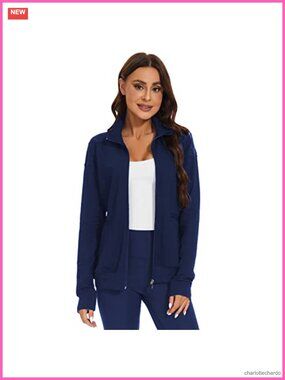 Women's Scrubs Jacket Zip Front Warm-up, Lightweight Stretch, 2 Pockets, Long
